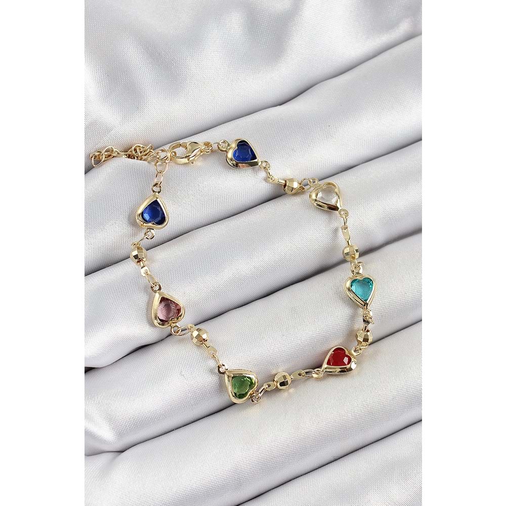 Pirinç Asorti Kalp Model Gold Renk Zirkon Taşlı Kadın Bileklik