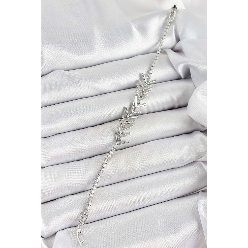 Pirinç Gümüş Renk Zirkon Taşlı Balık Sırtı Kadın Bileklik