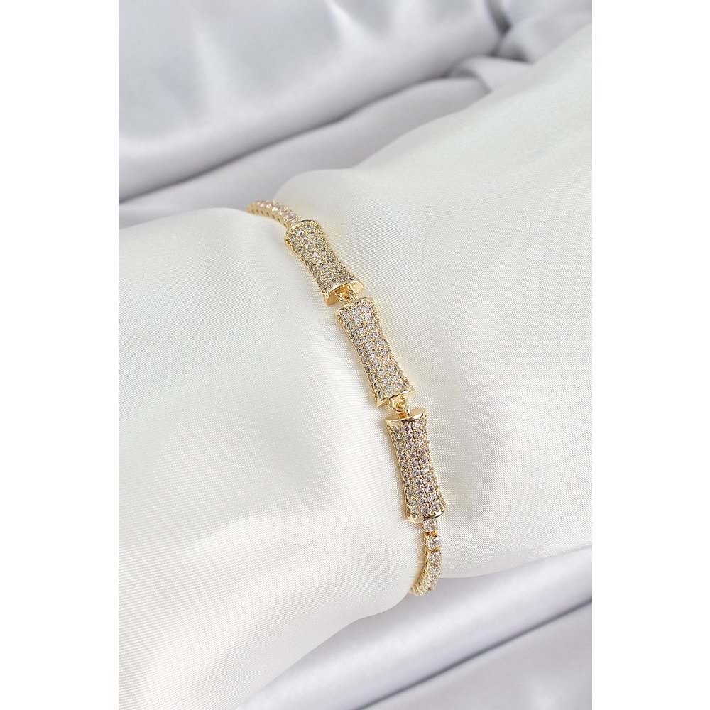 Pirinç Gold Renk Zirkon Taşlı Kemik Model Kadın Bileklik