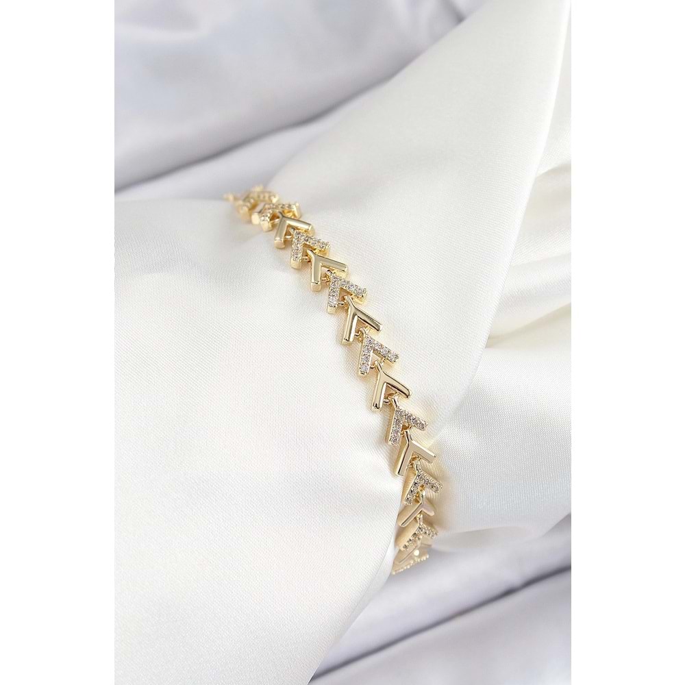 Pirinç Sıralı Ok Model Zirkon Taşlı Gold Renk VİP Seri Kadın Bileklik