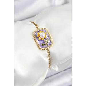 316L Çelik Zincir Mor Mineli Sanatsal Portre İnci Detaylı Papatya Model Gold Renk Kadın Bileklik
