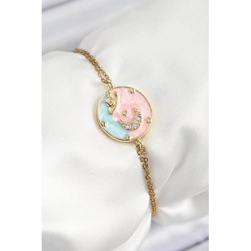 316L Çelik Zincir Mineli Sanatsal Portre Zirkon Taşlı Gezegen Model Gold Renk Kadın Bileklik