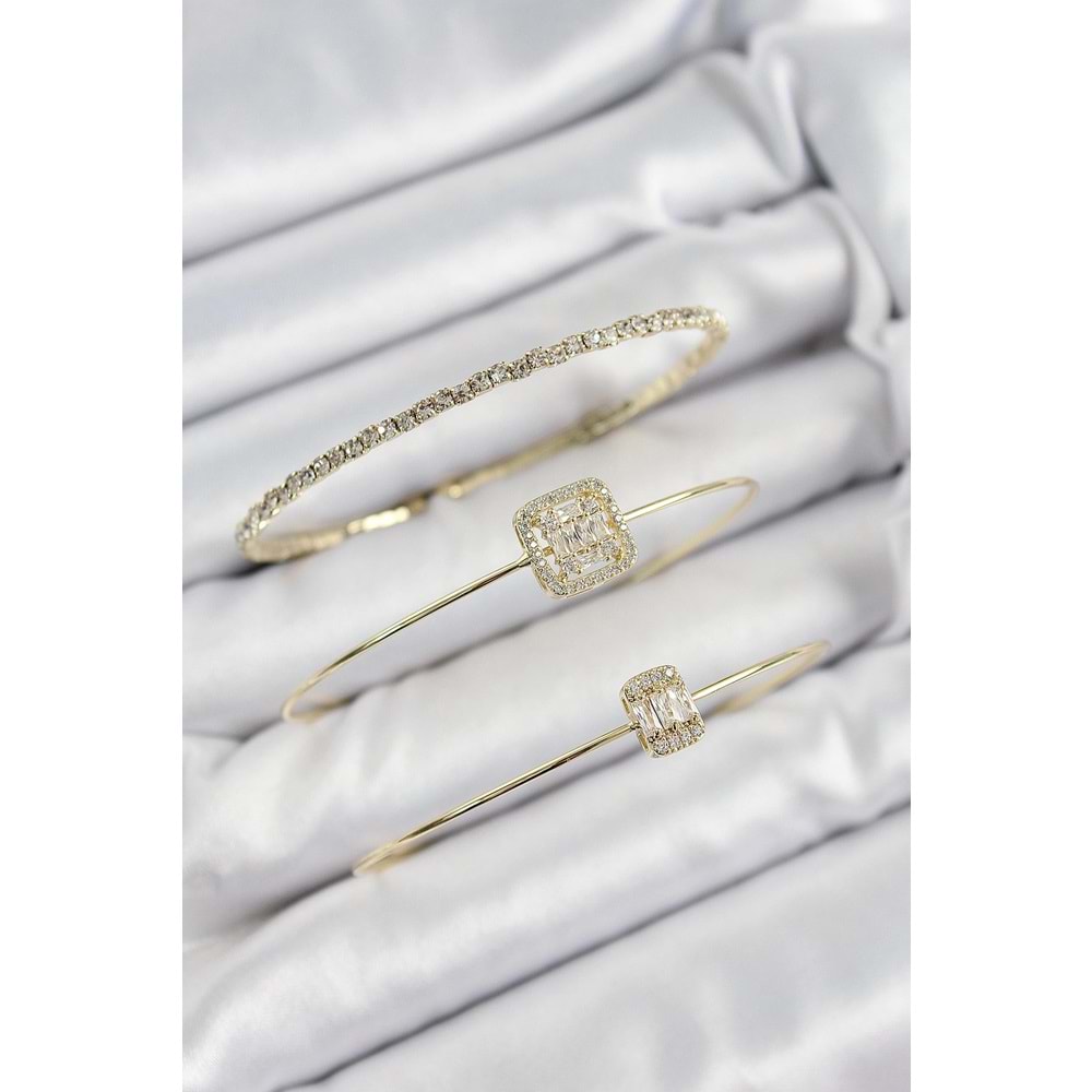 Pirinç Zirkon Taşlı Baget Model Gold Renk Vip 3'lü Kadın Bileklik