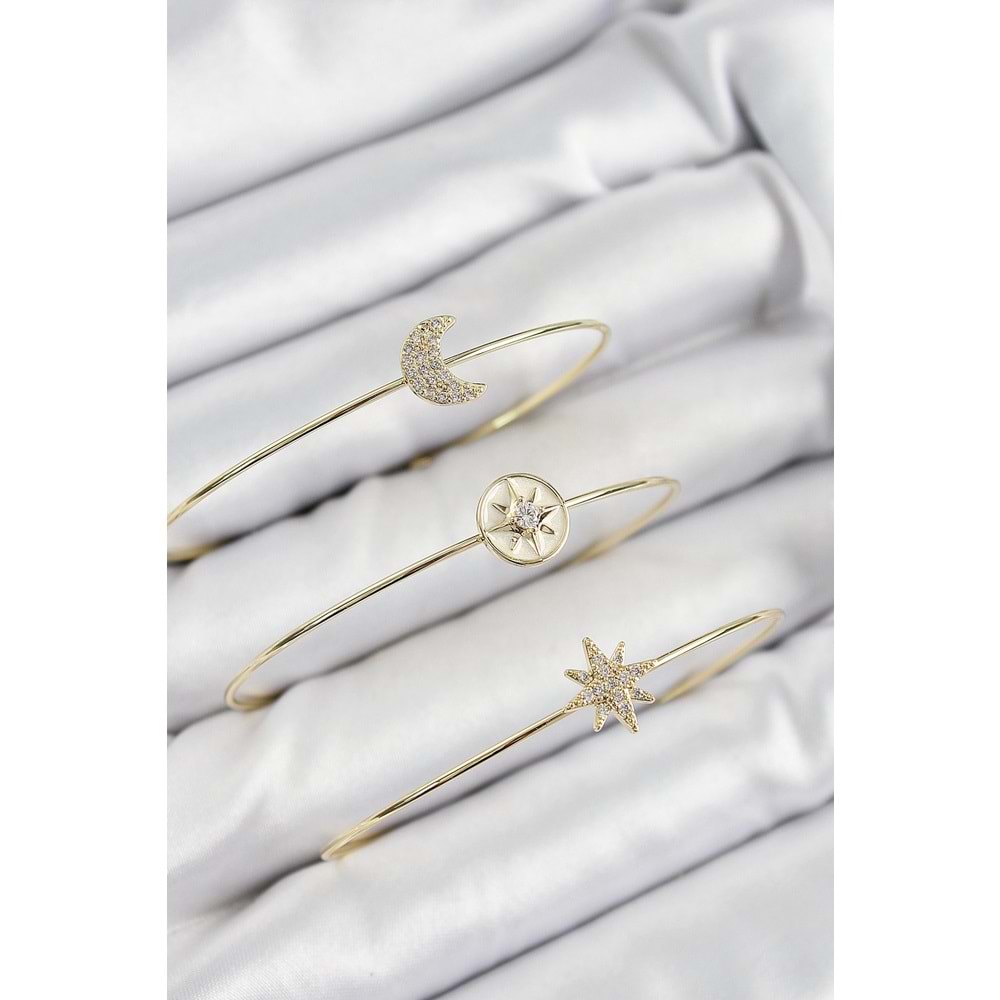 Pirinç Zirkon Taşlı Ay Ve Kutup Yıldızı Model Gold Renk Vip 3'lü Kadın Bileklik