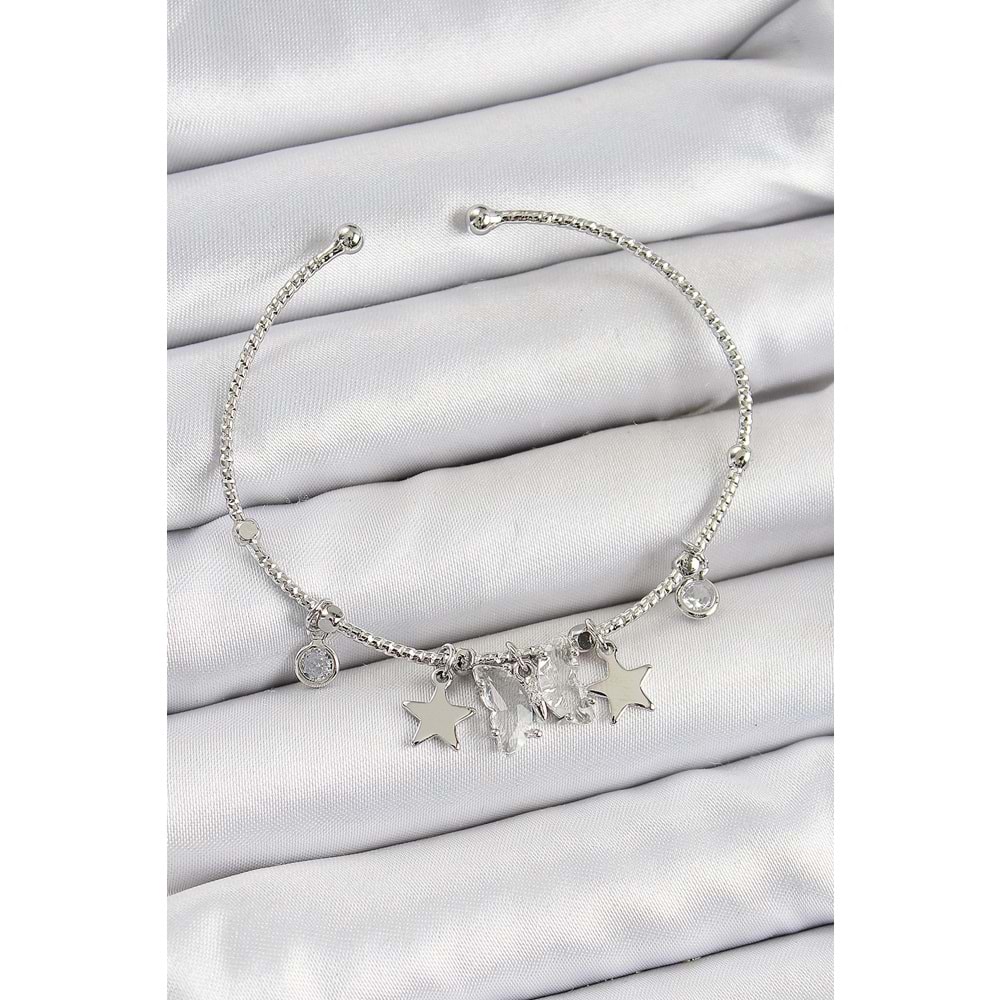 Pirinç Zirkon Taşlı Kelebek Ve Yıldız Model Gümüş Renk Charm Bileklik