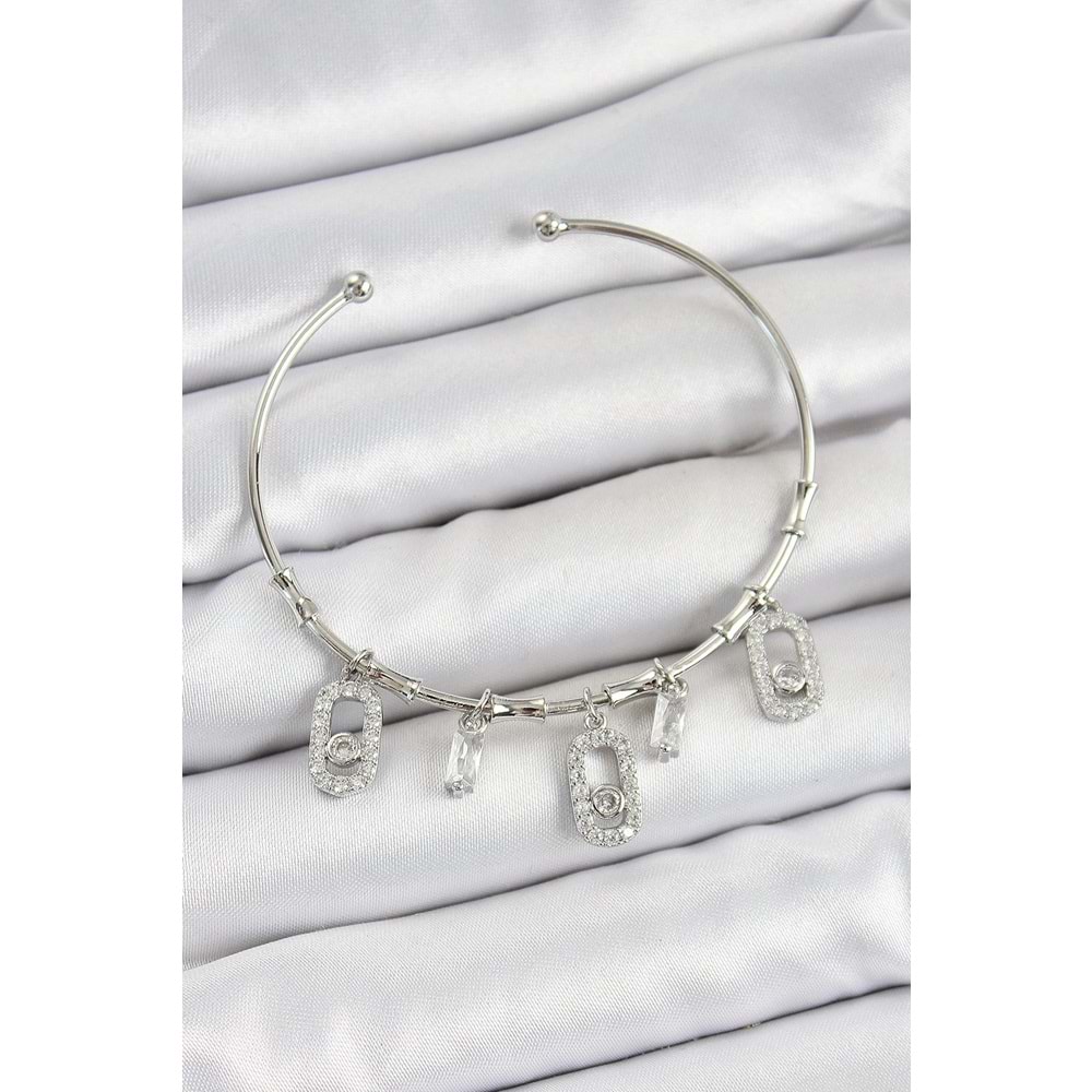 Pirinç Zirkon Taşlı Dikdörtgen Model Gümüş Renk Charm Bileklik