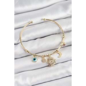 Pirinç Zirkon Taşlı Güneş Ay Nazar Model Gold Renk Charm Bileklik
