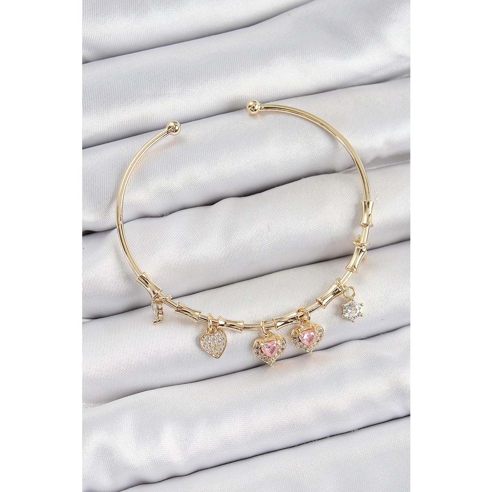 Pirinç Zirkon Taşlı Pembe Kalp Model Gold Renk Charm Bileklik