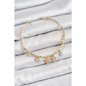 Pirinç Zirkon Taşlı Pembe Kalp Model Gold Renk Charm Bileklik