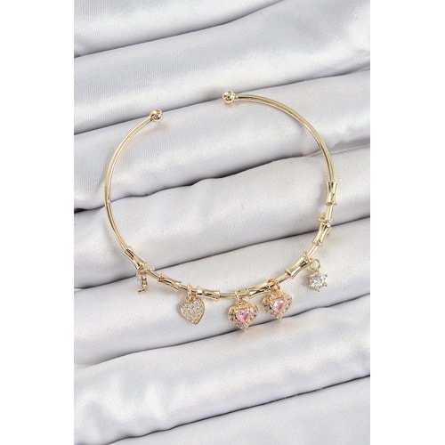 Pirinç Zirkon Taşlı Pembe Kalp Model Gold Renk Charm Bileklik