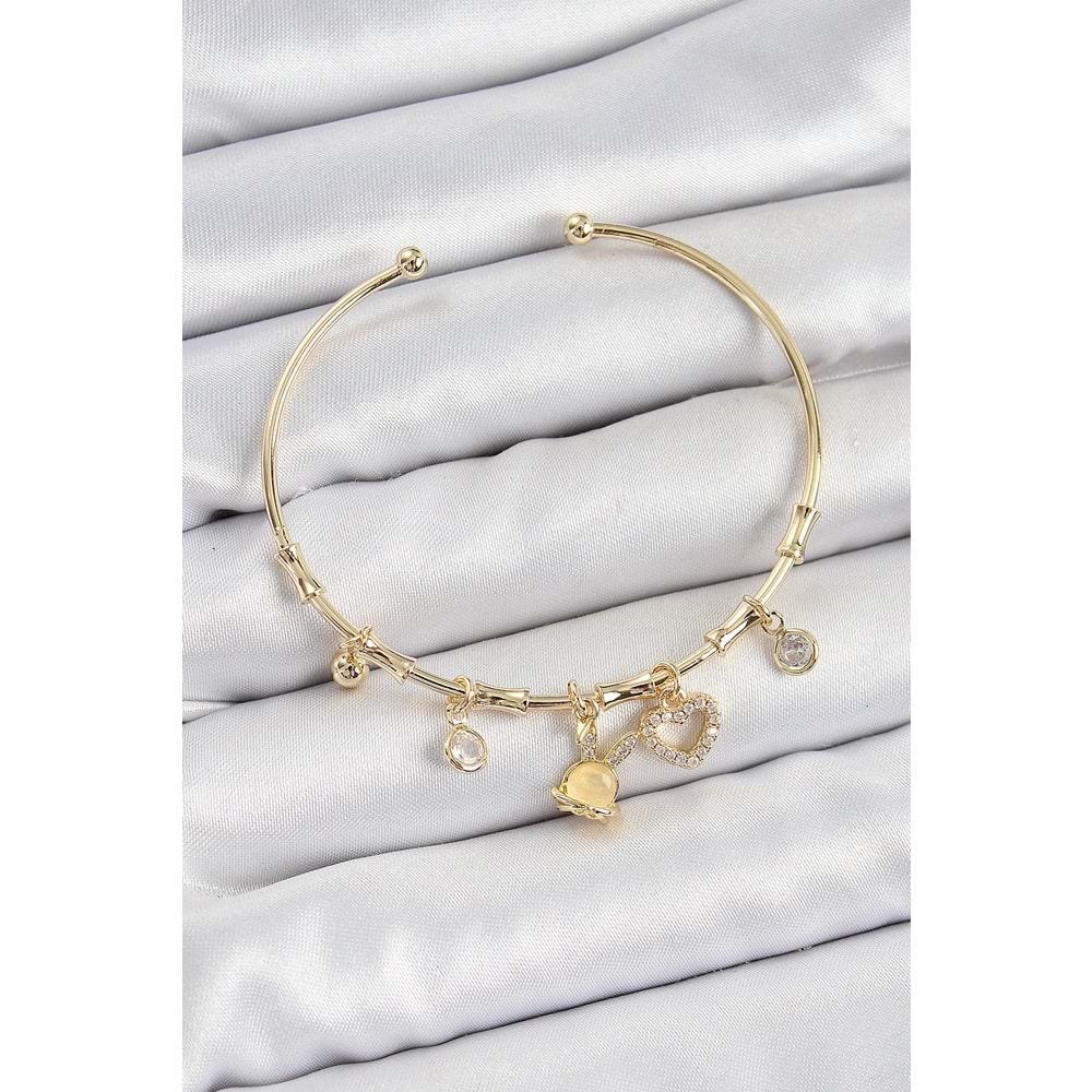 Pirinç Zirkon Taşlı Tavşan Ve Kalp Model Gold Renk Charm Bileklik