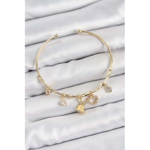 Pirinç Zirkon Taşlı Tavşan Ve Kalp Model Gold Renk Charm Bileklik