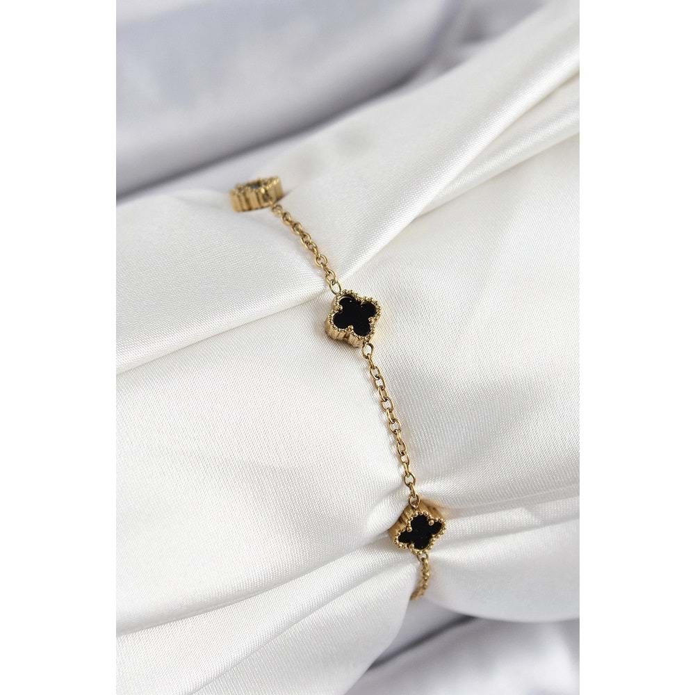 316L Çelik Siyah Sedef Yonca Model Gold Renk Kadın Bileklik