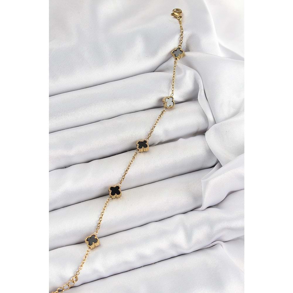 316L Çelik Siyah Sedef Yonca Model Gold Renk Kadın Bileklik