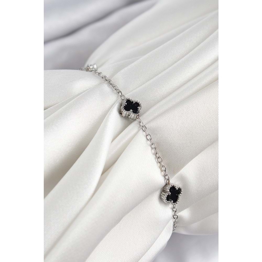 316L Çelik Siyah Sedef Yonca Model Gümüş Renk Kadın Bileklik