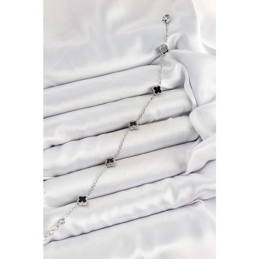 316L Çelik Siyah Sedef Yonca Model Gümüş Renk Kadın Bileklik