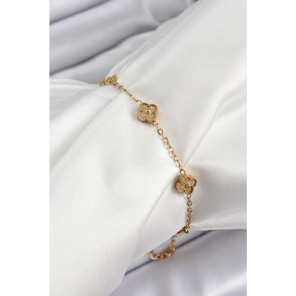 316L Çelik Yonca Model Gold Renk Kadın Bileklik