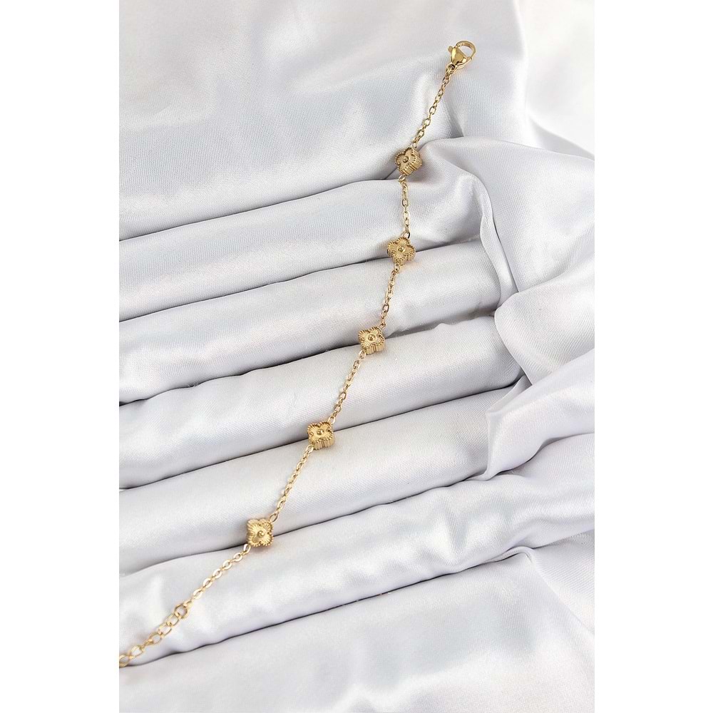 316L Çelik Yonca Model Gold Renk Kadın Bileklik