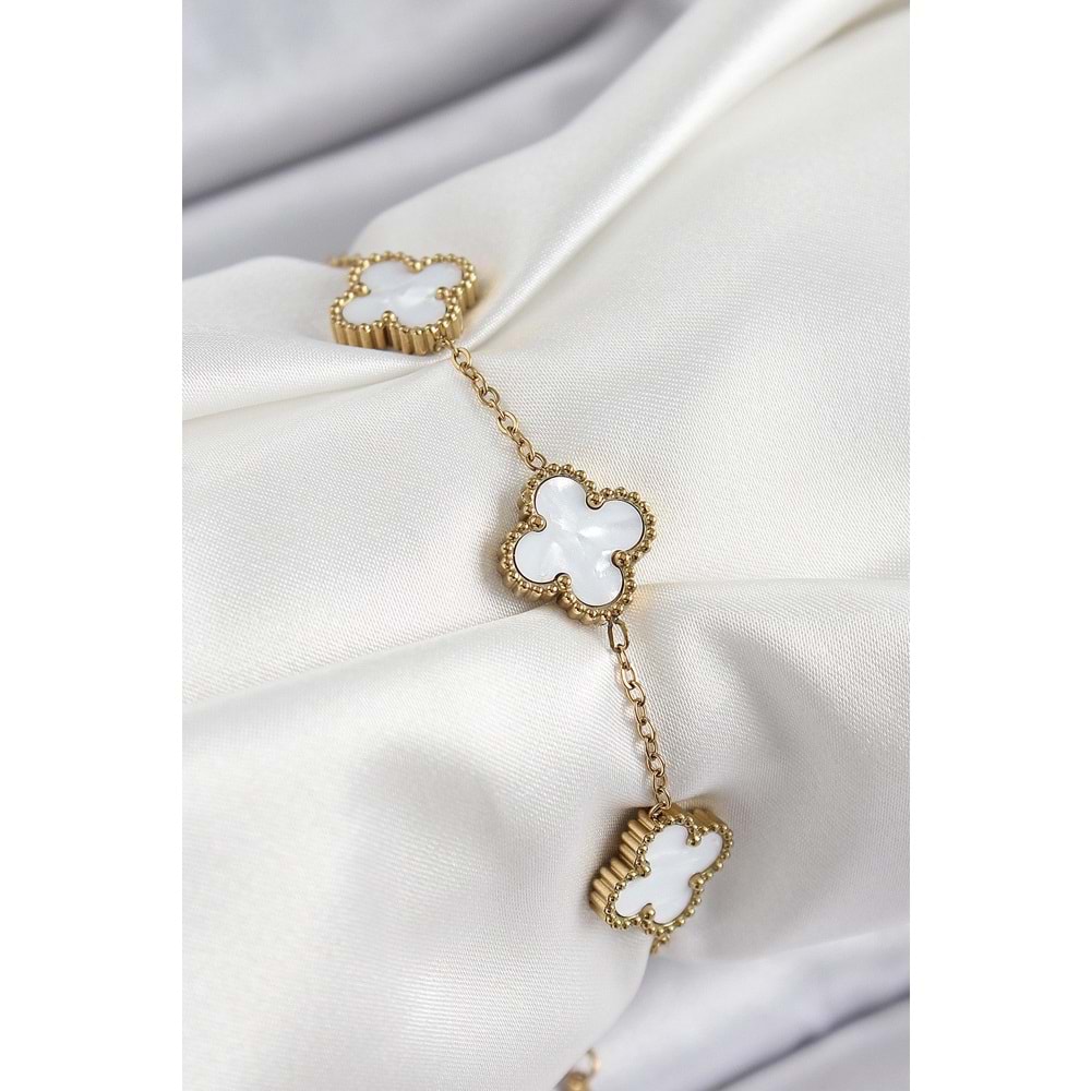 316L Çelik Beyaz Sedef Yonca Model Gold Renk Kadın Bileklik