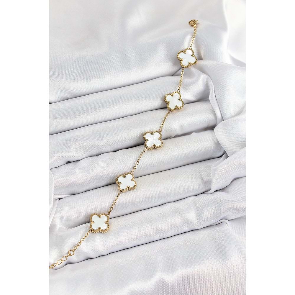 316L Çelik Beyaz Sedef Yonca Model Gold Renk Kadın Bileklik