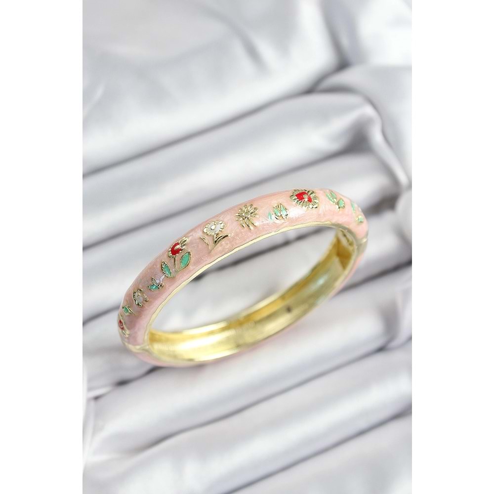 Mineli Pirinç Pembe Çiçek Motifli Gold Renk Kadın Kelepçe