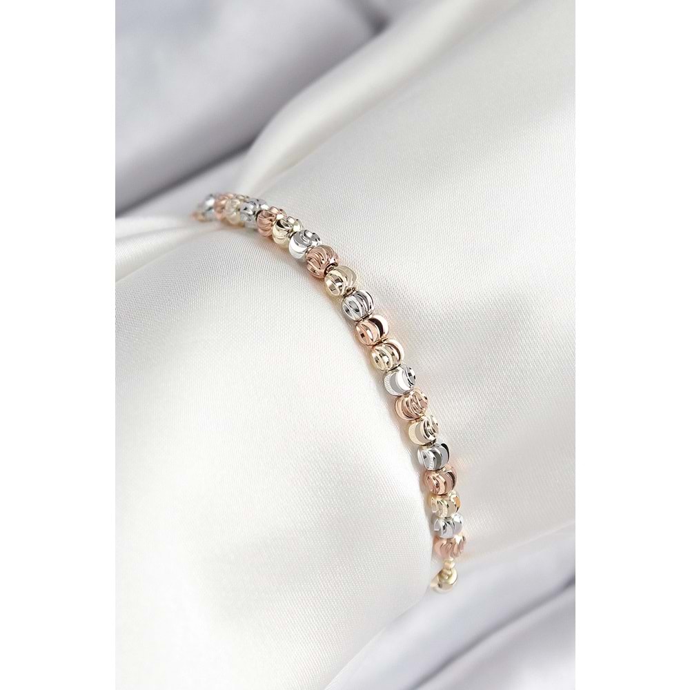Pirinç Sıralı Boncuk Model Gold Gümüş Roz Renk Asansörlü Kadın Bileklik