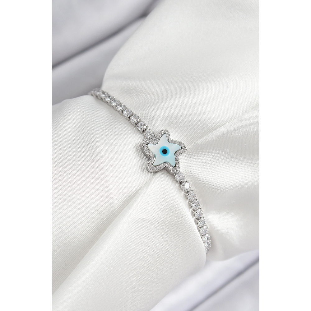 Pirinç Zirkon Taşlı Nazar Yıldız Model Gümüş Renk Asansörlü Kadın Bileklik