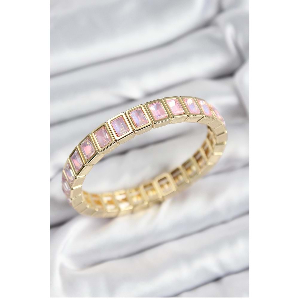 Pirinç Pembe Zirkon Taşlı Dikdörtgen Model Gold Renk Lastikli Kadın Bileklik