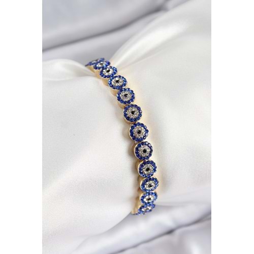 Pirinç Zirkon Taşlı Lacivert Nazar Model Gold Renk Lastikli Kadın Bileklik