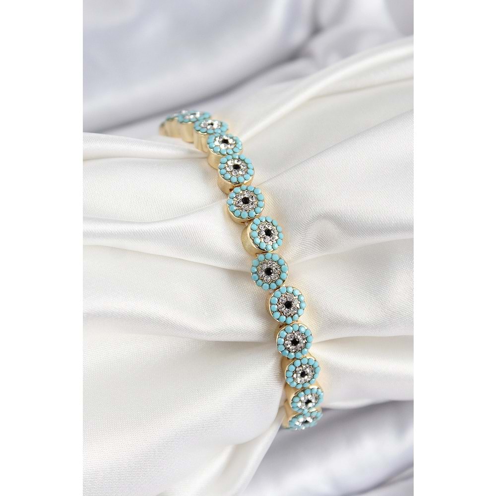 Pirinç Zirkon Taşlı Turkuaz Nazar Model Gold Renk Lastikli Kadın Bileklik