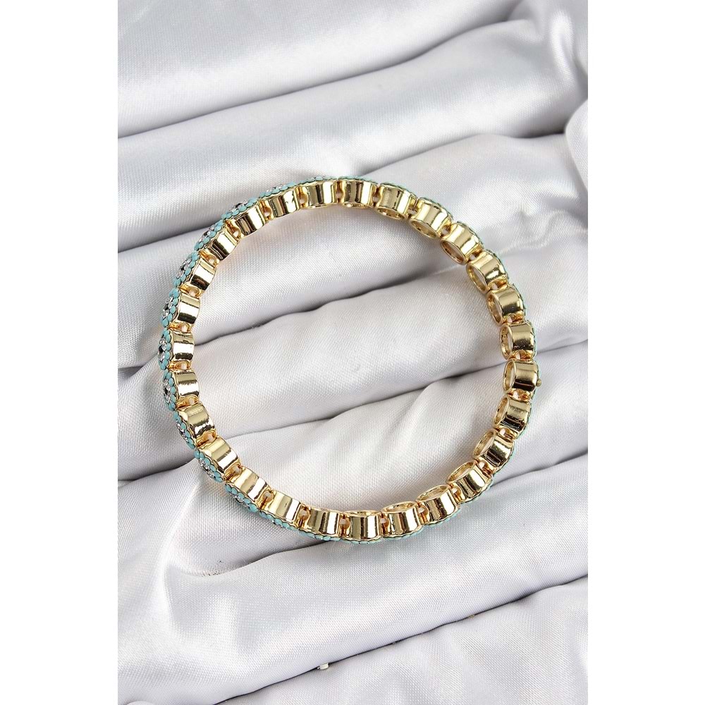Pirinç Zirkon Taşlı Turkuaz Nazar Model Gold Renk Lastikli Kadın Bileklik