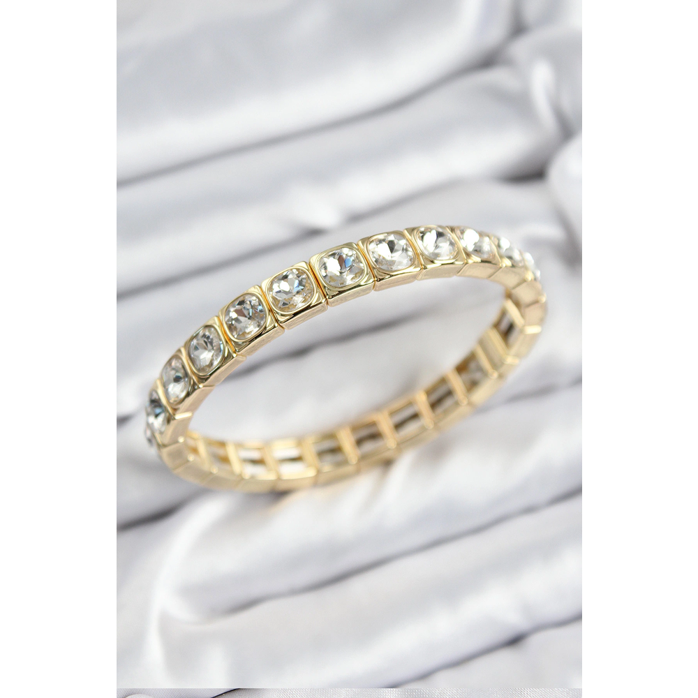 Pirinç Zirkon Taşlı Kare Model Gold Renk Lastikli Kadın Bileklik