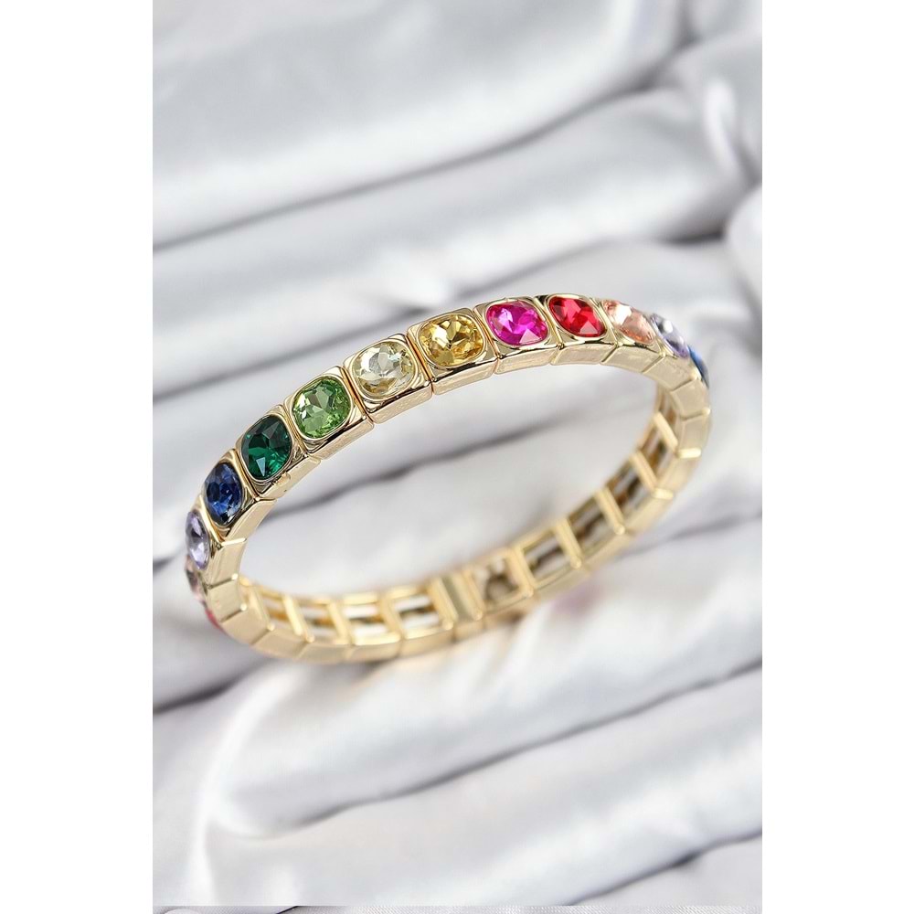 Pirinç Karışık Zirkon Taşlı Kare Model Gold Renk Lastikli Kadın Bileklik