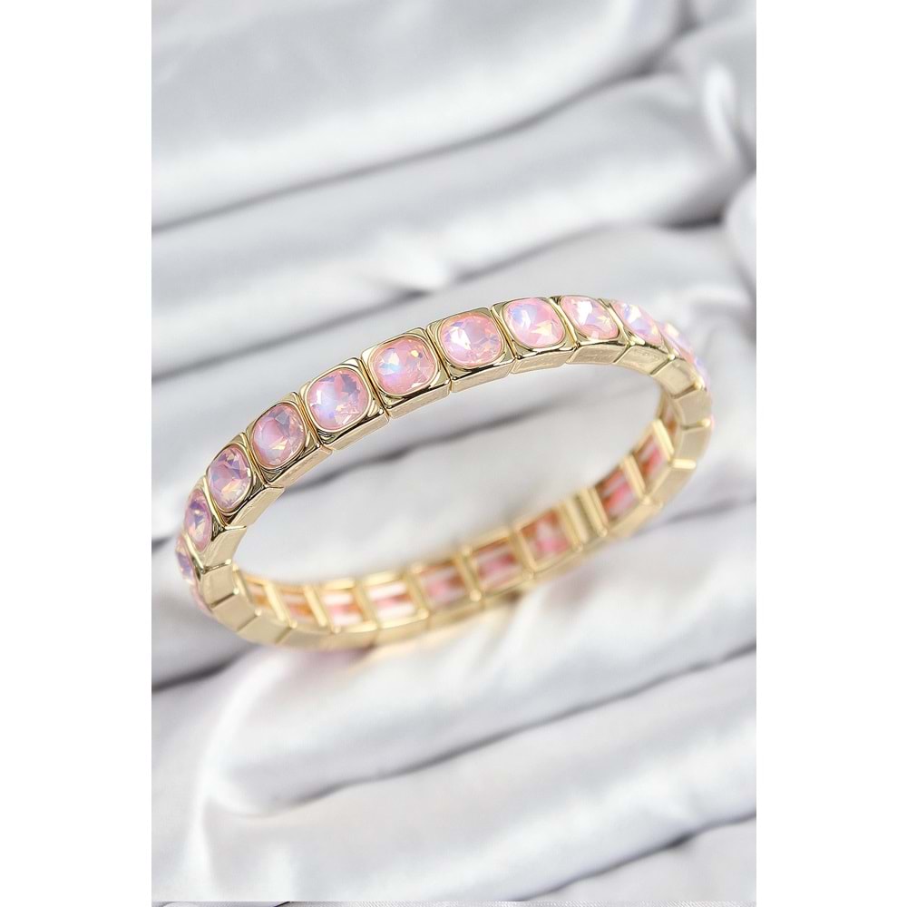 Pirinç Pembe Zirkon Taşlı Kare Model Gold Renk Lastikli Kadın Bileklik