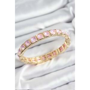 Pirinç Pembe Zirkon Taşlı Kare Model Gold Renk Lastikli Kadın Bileklik