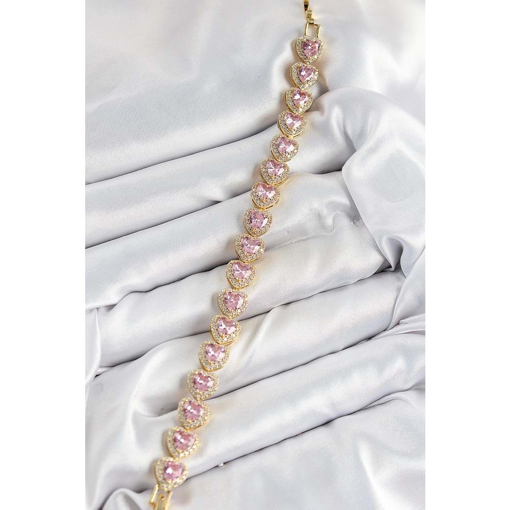 Pirinç Zirkon Taşlı Pembe Kalp Baget Model Gold Renk VIP Seri Kadın Bileklik