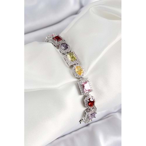 Pirinç Karışık Zirkon Taşlı Baget Model Gümüş Renk VIP Seri Kadın Bileklik