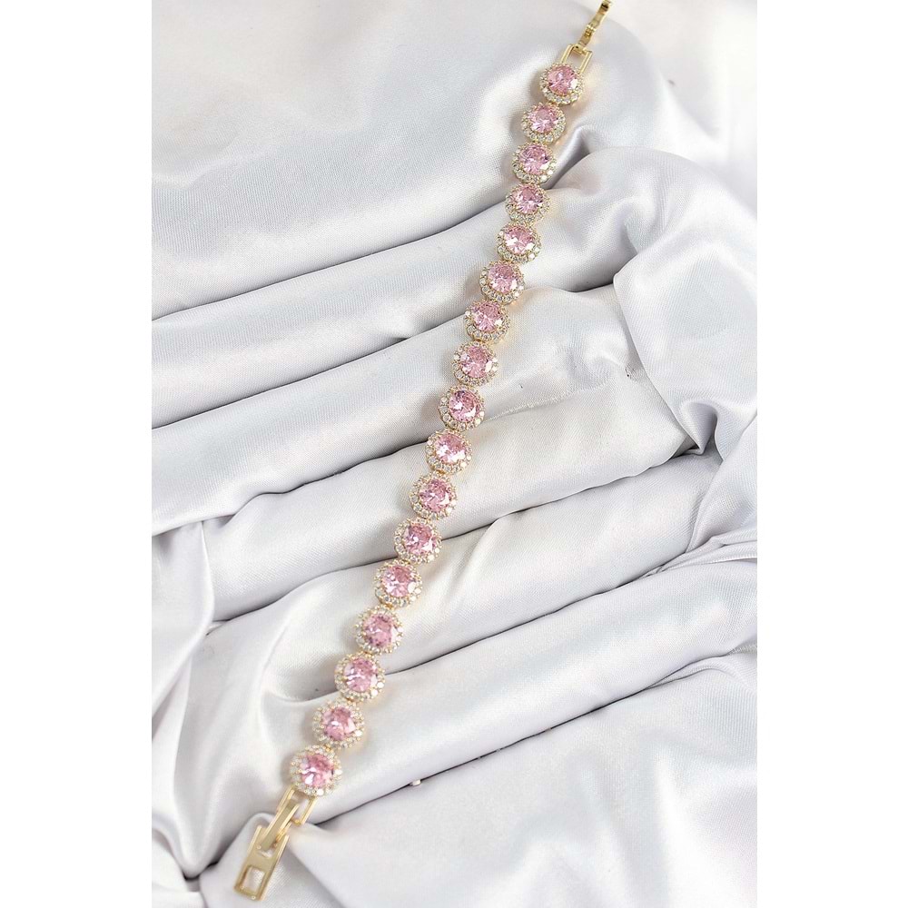 Pirinç Pembe Zirkon Taşlı Daire Baget Model Gold Renk VIP Seri Kadın Bileklik