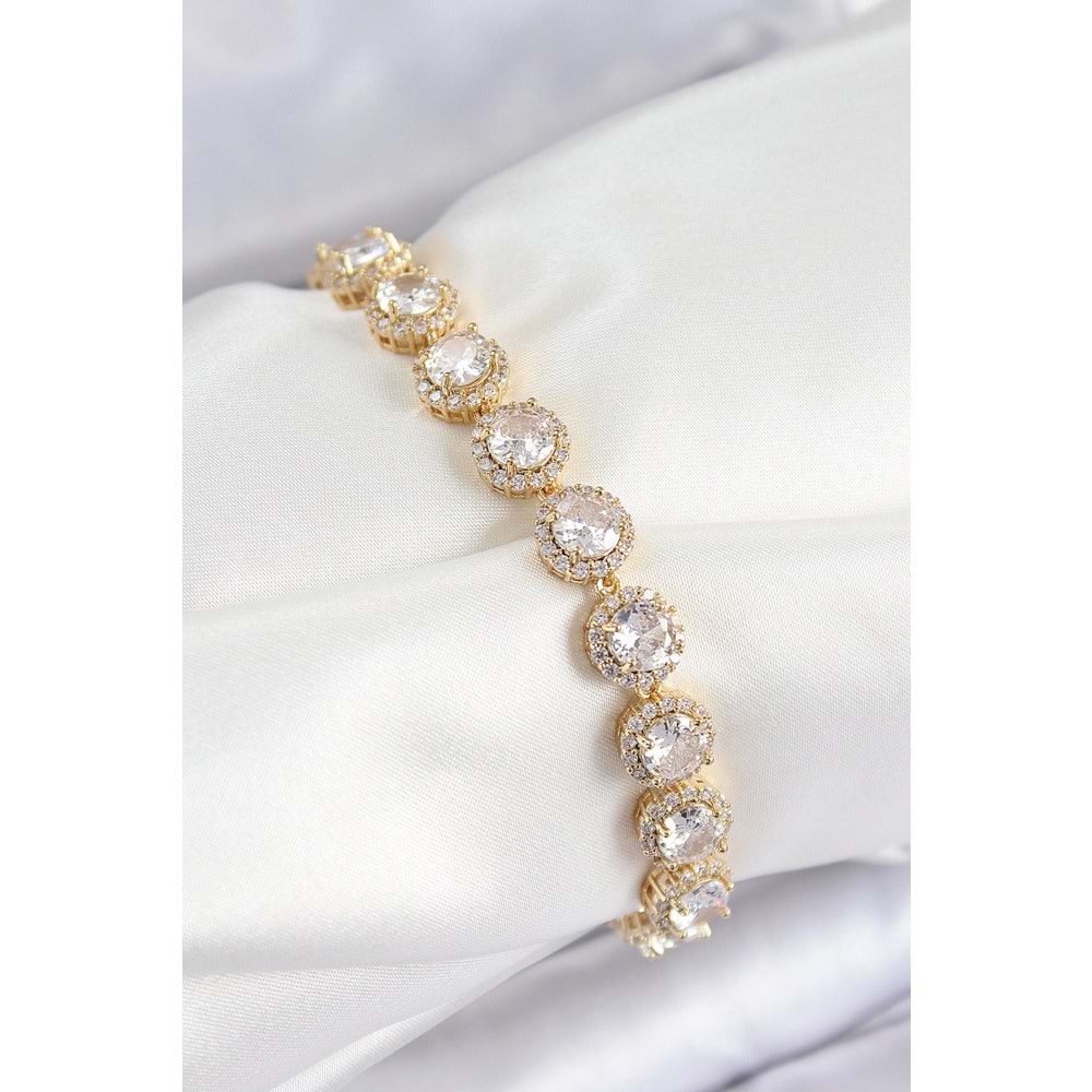 Pirinç Zirkon Taşlı Daire Baget Model Gold Renk VIP Seri Kadın Bileklik