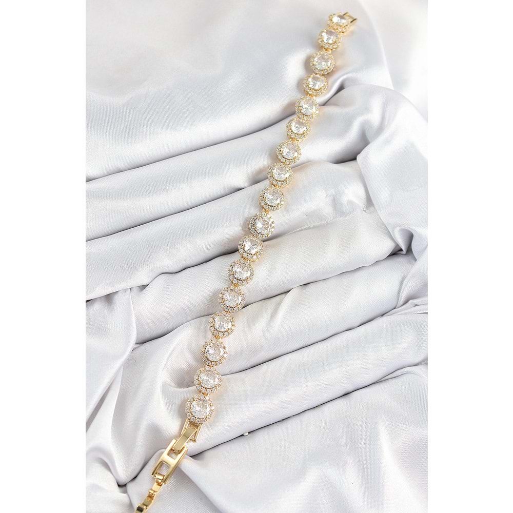 Pirinç Zirkon Taşlı Daire Baget Model Gold Renk VIP Seri Kadın Bileklik