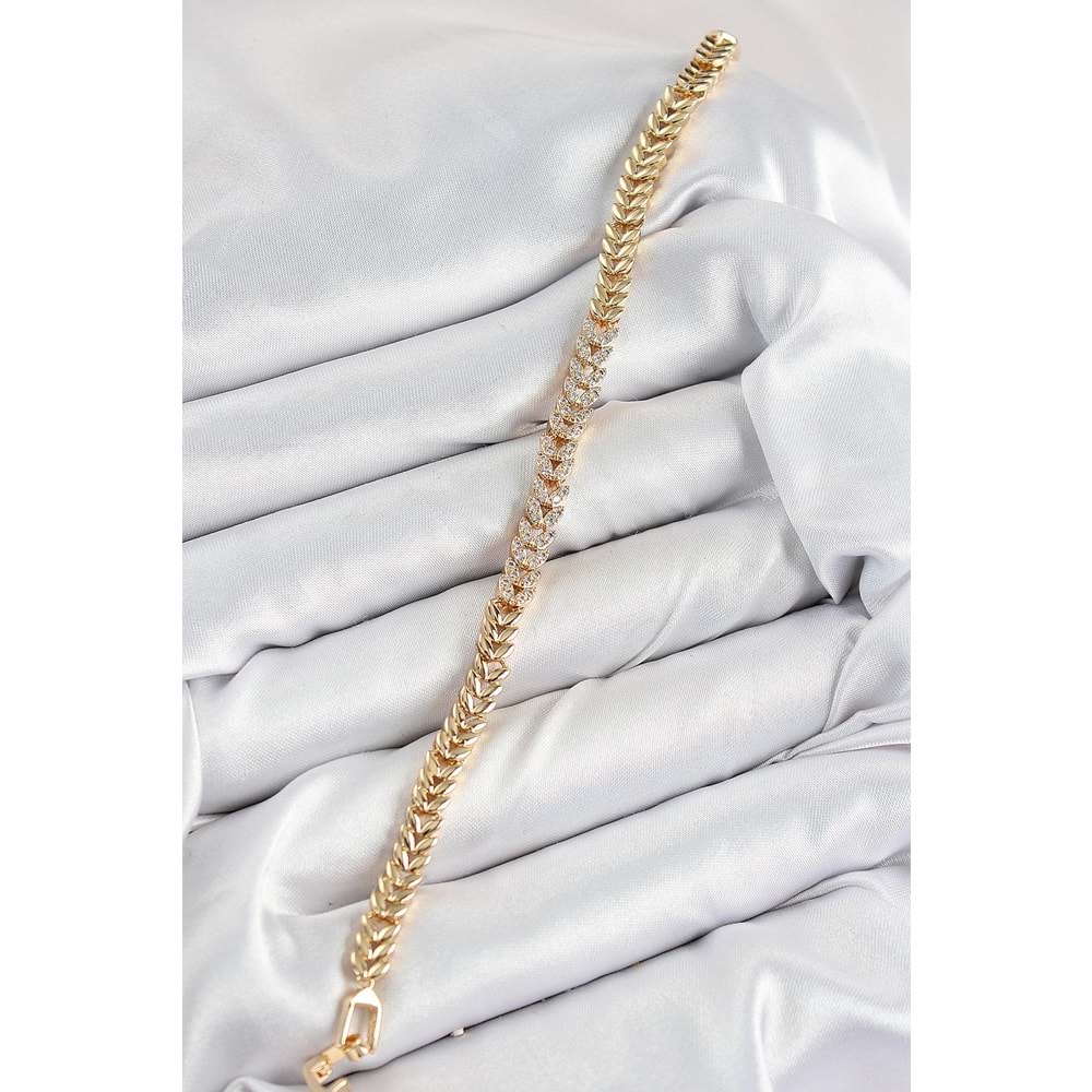 Pirinç Zirkon Taşlı Sıralı Yaprak Model Gold Renk Kadın Bileklik