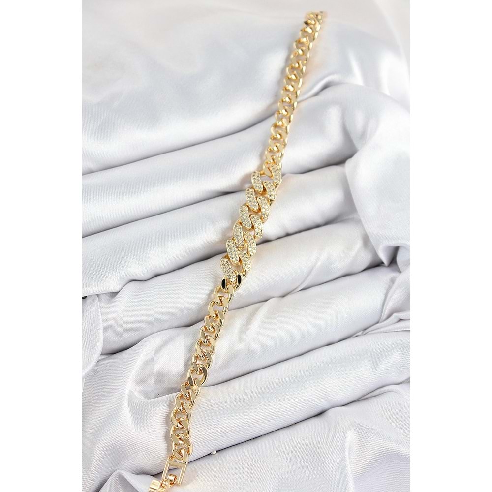 Pirinç Zirkon Taşlı Küba Zincir Model Gold Renk Kadın Bileklik