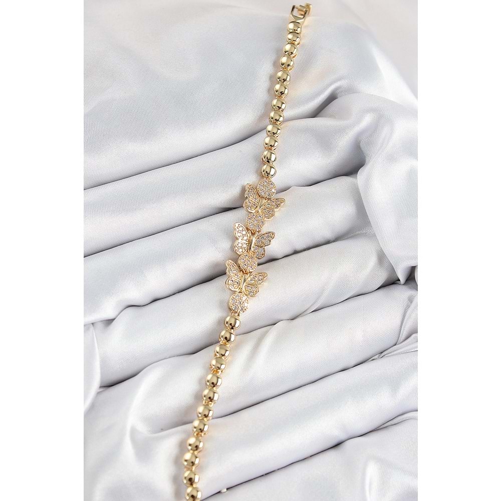 Pirinç Zirkon Taşlı Kelebek Model Gold Renk Kadın Bileklik