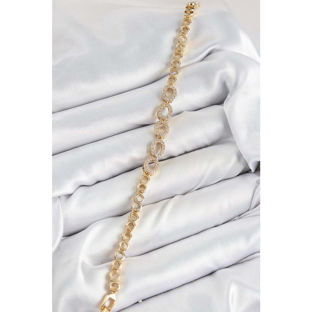 Pirinç Zirkon Taşlı Oval Model Gold Renk Kadın Bileklik