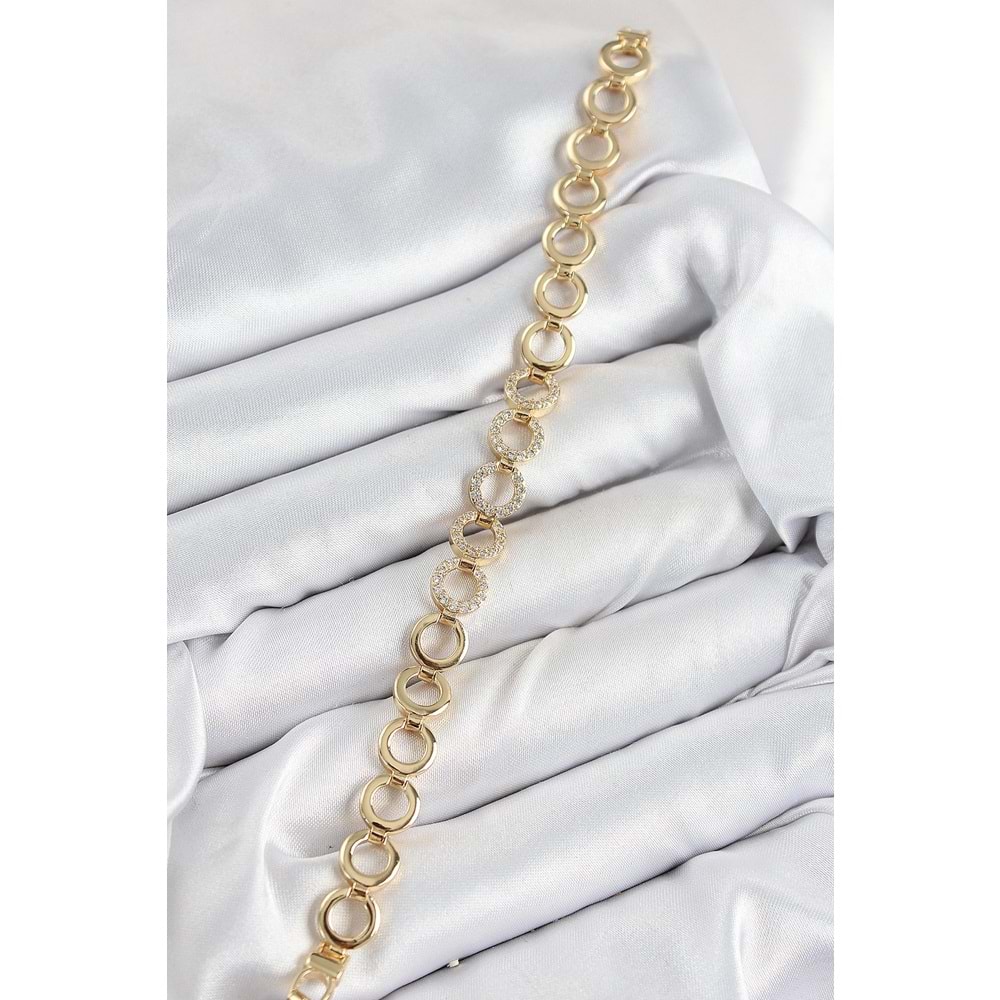 Pirinç Zirkon Taşlı Sıralı Halka Model Gold Renk Kadın Bileklik