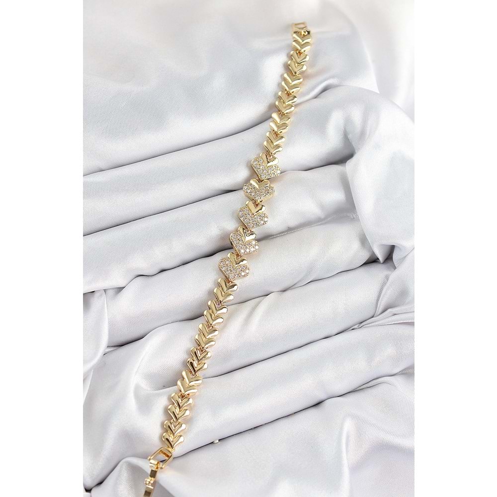 Pirinç Zirkon Taşlı Kalp Model Gold Renk Kadın Bileklik