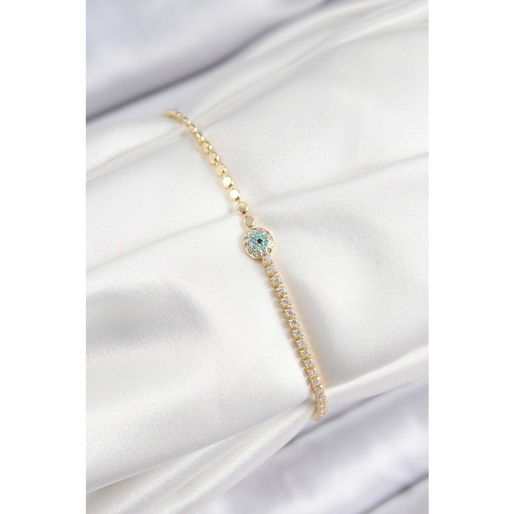 Pirinç Zirkon Taşlı Nazar Model Ezme Zincir Gold Renk Kadın Bileklik