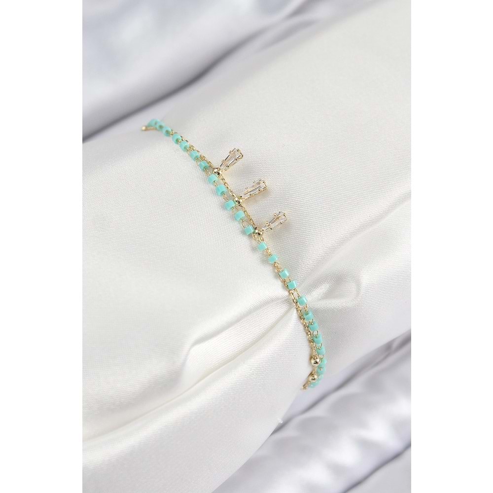 Pirinç Zirkon Taşlı Mavi Boncuklu Model Gold Renk Kadın Bileklik