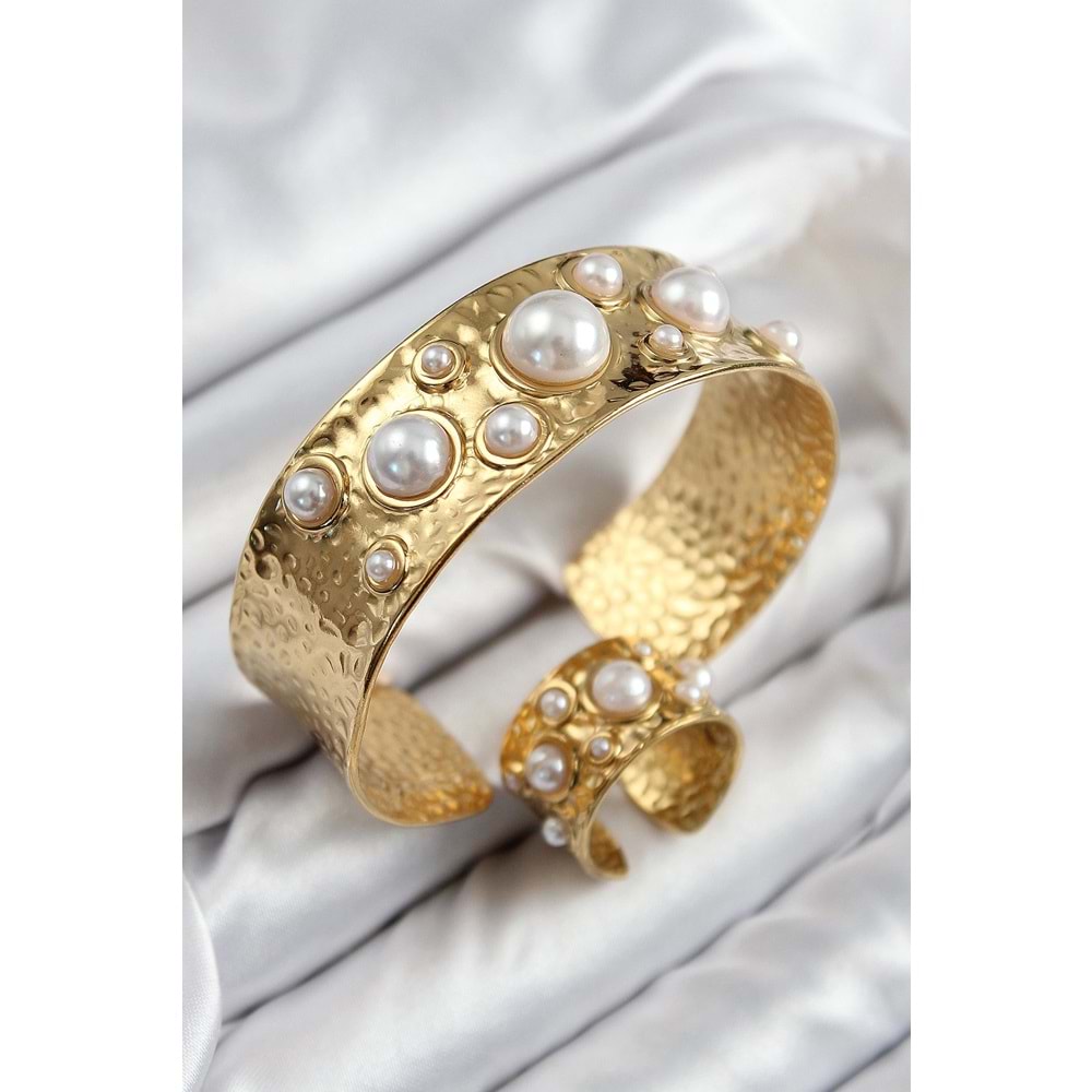 Pirinç İncili Model Gold Renk Bileklik Yüzük Set