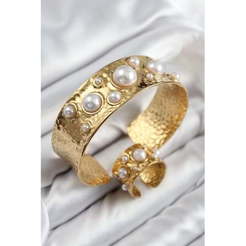 Pirinç İncili Model Gold Renk Bileklik Yüzük Set